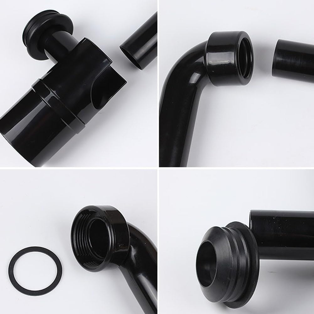 Sifone salvaspazio per lavello, sifone con sifone regolabile, filtro per capelli, guarnizione a prova di perdite, tubo di scarico (nero)