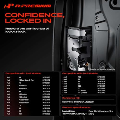 Image of A-Premium Front Right Passenger Side Door Lock Actuator Compatible with Audi Q5, A3, A4, SQ5, S3, A5 Sportback, A5 Quattro, S4, S5, A4 allroad, A4 Quattro, A3 Sportback e-tron, RS3, RS5, TT Quattro