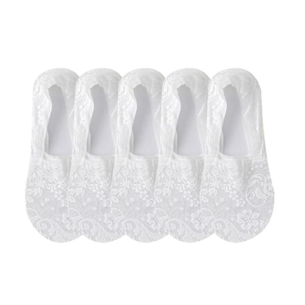 KIASRZN New Women's Lace Flower Cotton Bottom Invisible Socks,Women's No Show Lace Low Cut Socks (5 Pairs White,One Size)