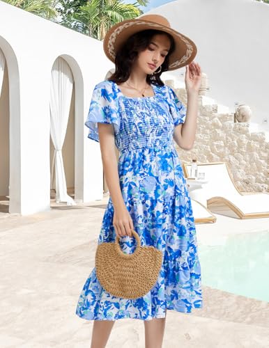 Image of Bbonlinedress Womens Casual Floral Summer Smocked Beach Party Boho Midi Square Neck Dress