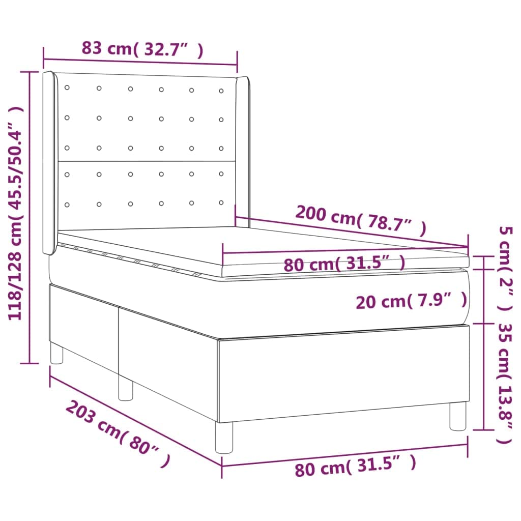 Łóżko kontynentalne z materacem ciemnobrązowym, 80 x 200 cm, z materiału, łóżko tapicerowane, pojedyncze łóżko z ramą łóżka, łóżko młodzieżowe, meble do spania z materacem ze sprężynami