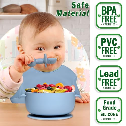 Dazhtu 10 Stücke Silikon Baby Geschirrset, Kindergeschirr Baby-Teller Rutschfest mit Saugnapf, Baby-Teller mit Saugnapf, Schüssel, Lätzchen,Löffel,Gabel,Baby-Trinkbecher,Fruchtsauger Set, Blau