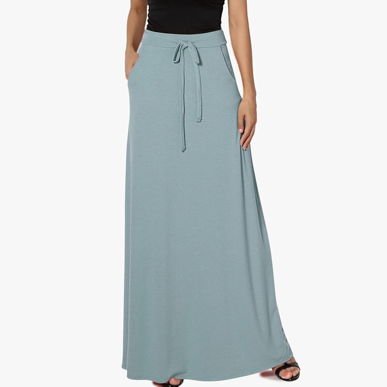 Maxi Skirt for Women Casual High Waist Drawstring Long Dress with Pockets Flowy Lounge Skirts