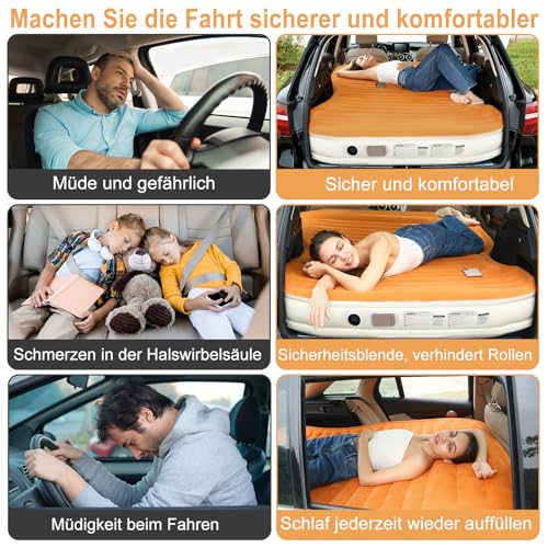 KMZ SUV-Luftmatratze mit eingebauter Pumpe und 2 Kissen, Dickes flockiertes PVC, schnelle 90-Sekunden-Inflation, tragbare und langlebige Auto-Luftmatratze für Camping, Reisen, LKW