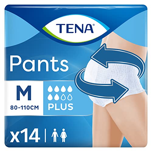 TENA Pants Plus x14 - Ropa Interior Absorbente para Incontinencia y Pérdidas de Orina Abundante - Diseño Unisex Cómodo y Transpirable - 14 Braguitas Desechables - Blanco - Talla M