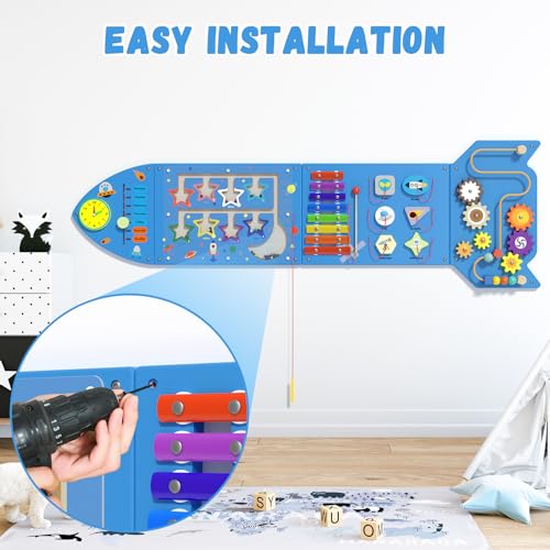 Image of Spacocld Montessori Busy Board - Blue Rocket Activity Wall Panels, Wall Toys for Toddlers 3+, Sensory Panels for Kids, Wooden Activity Cubes, Playroom Daycare Toys, Toddler Sensory Board (4PCS)