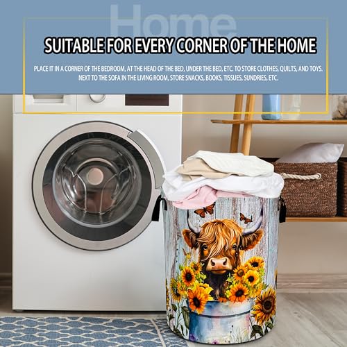 Image of Highland Cow Sunflower Laundry Basket Foldable Waterproof 18.9 x 16.5 Inch | Oxford Cloth Hamper With Reinforced Handles Lining Large-Capacity Storage For Bathrooms /Laundry Rooms / Living Rooms /Bedrooms