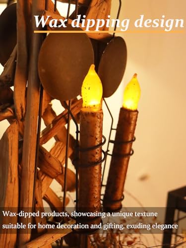 Image of 12Pcs 6.5'' Primitive Taper Candles with Timer Remote | Hand Dipped Real Wax Rustic Flameless Candle for Vintage Primitive Home Kitchen, Country Room, Christmas Halloween Decor