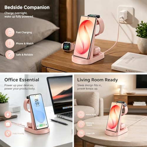 Image of Wireless Charging Station for Samsung /Android, Fast Wireless Watch Charger Station Compatible for Samsung Galaxy S26 Ultra /S25 /S24+ /Z Flip 7 /6 Fold 7 /6, Watch8 /7 /Pro /Active 2 Galaxy Buds3 /2 Pro(Pink)