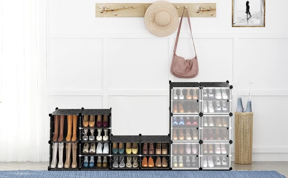 Image of AYSIS 6 Shelf Multi-Purpose Plastic DIY Shoe Rack Box Organizer for Home, Home Storage Shoe Rack Stand with Door for Entryway, Chappal, Slipper, Sandals, Black, 6 Shelf, 3 Door