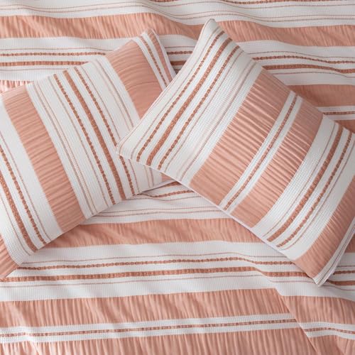 Image of Amazon Basics Comforter Set, 3-Piece Jacquard Comforter and 2 Pillow Shams, All-Season Bedding, Full, Pink Striped