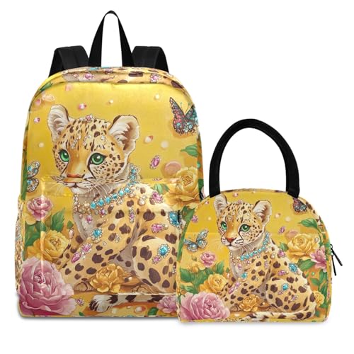 Grand sac à déjeuner étanche et sac à dos léopard fleurs filles