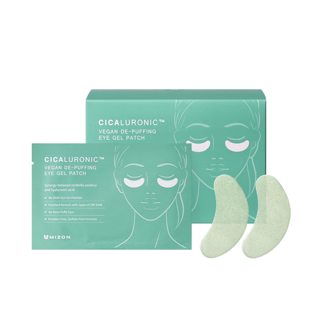 MIZON Patch vegano in gel Cicaluronico per gli occhi (21 paia) Antinfiammatorio con oro 24K e Cica, riduce il gonfiore, le occhiaie e le rughe (Cicaluronic Vegan De-puffing Eye Gel Patch)