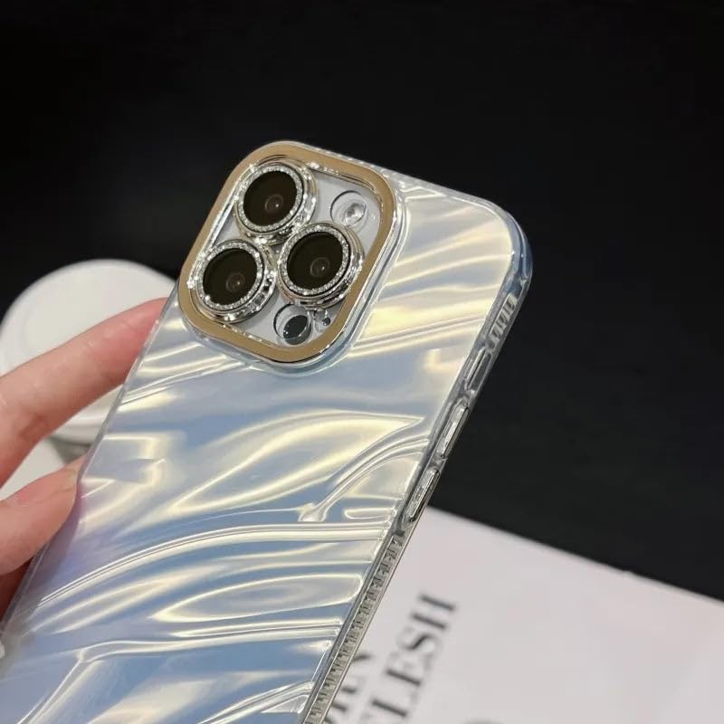 Image of COVERLY for iPhone 12 Pro Hot Diamond Ring Lens Film Camera Protection Phone Case, Luxury 3D Laser Cut Water Ripple Mirror Gradient Glitter Colorful Hard Mobile Cover for Apple iPhone 12 Pro (Silver)