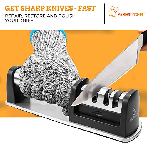 PriorityChef Kitchen Knife Sharpener, Professional Diamond Rods To Repair, Sharpen and Polish Your Knives, Cut-Resistant Glove Included