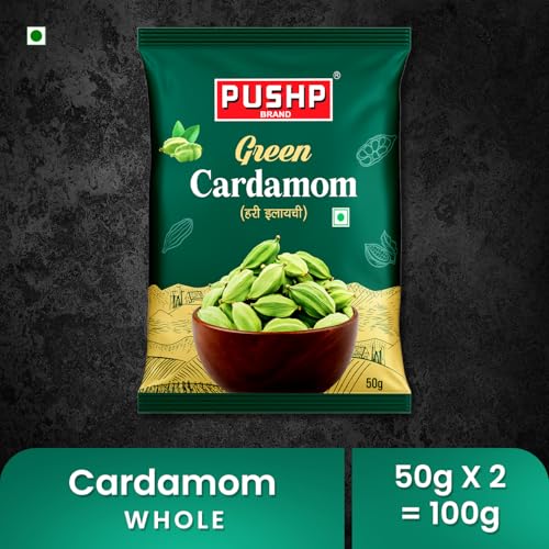 Image of Pushp Green Cardamom Whole Elaichi 50 g | 8-9 mm Size | Pack of 2 | Sabut Hari Elaichi | Rich Aroma & Natural Freshness | Source from kerala |