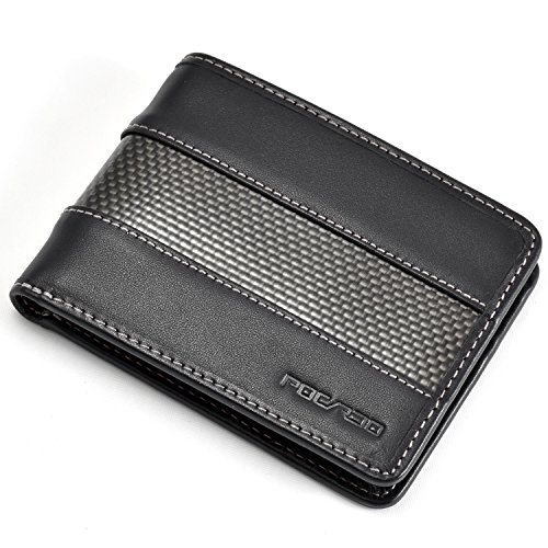 POCARDO Stripe | Portefeuille en Cuir Noir & Fibre de Carbone | pour Hommes | Taille compacte 10 x 8 cm | Édition de (sans Poche à Monnaie - Point Blanc)