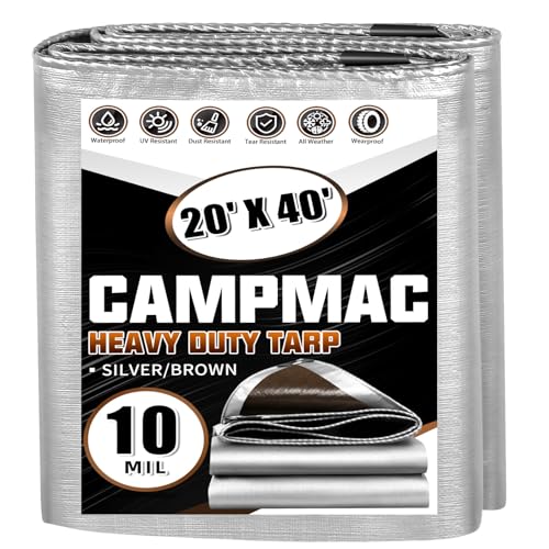 CAMPMAC Tarps Heavy Duty Waterproof 20x40 Ft 10 Mil Thick High Durability Rip UV Resistant and Tear Resistant with Metal Gromets Every 20 Inches (Silver/Brown - Reversible)