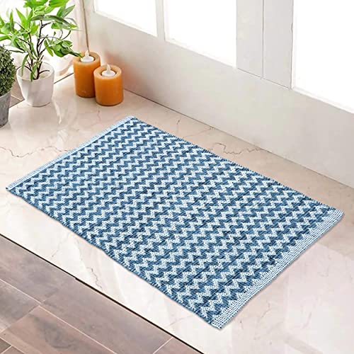 Image of The Home Talk Zig Zag Cotton Area Rug - Carpets Suitable for Living Room, Bedroom, Dining Room, Home Decor - Handcrafted Traditional Rectangular Rugs - Non-Skid | 2' X 3' - Ash Blue |