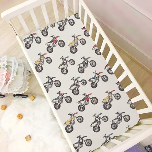Image of Motocross Dirt Bike Vintage Crib Sheets Soft Breathable Fitted Baby Crib Sheets Mattress Cover for Girls Boys, 52 inch x 28 inch x 9 inch