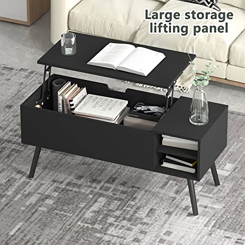 Clikuutory Modern Black Lift Top Coffee Table With Hidden Compartment And Adjustable Storage Shelf, Mid Century Rustic Dining Table With Wood Legs For Home, Living Room, Office #TOP6