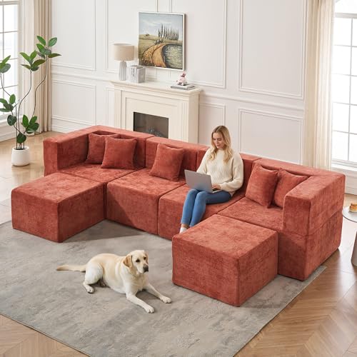 Image of MONVANE Modular Sectional Cloud Couch for Living Room - 130'' 6 Seater Convertible Chenille Couches Set with Ottoman, No Assembly Compression Sofas, Comfy Floor Sofa with Memory Foam, Rust Red