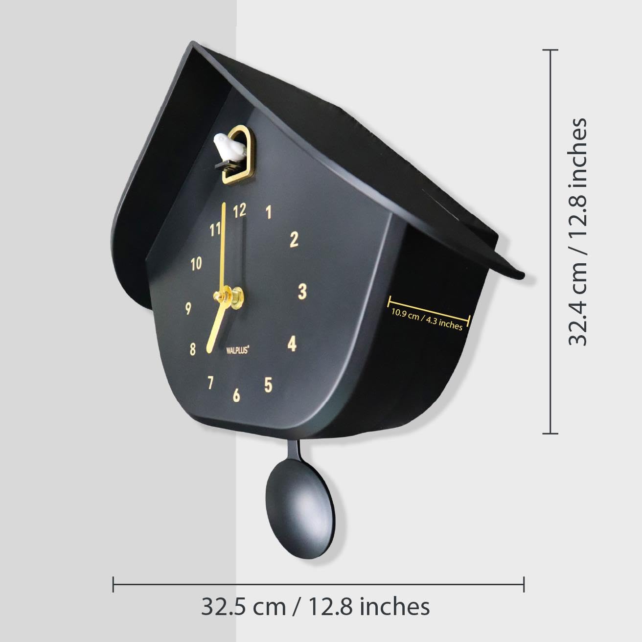 WALPLUS Horloge coucou noire mate avec pendule amovible 32,5 cm