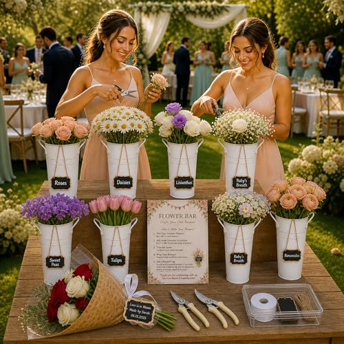 99PCS Flower Bar Buckets Kit for 3050 Guests DIY Bouquet Experience No Experience Needed Build Your Own Bouquet with Buckets Bag wood Tags & Shears for Bridal Shower Wedding Birthday Parties