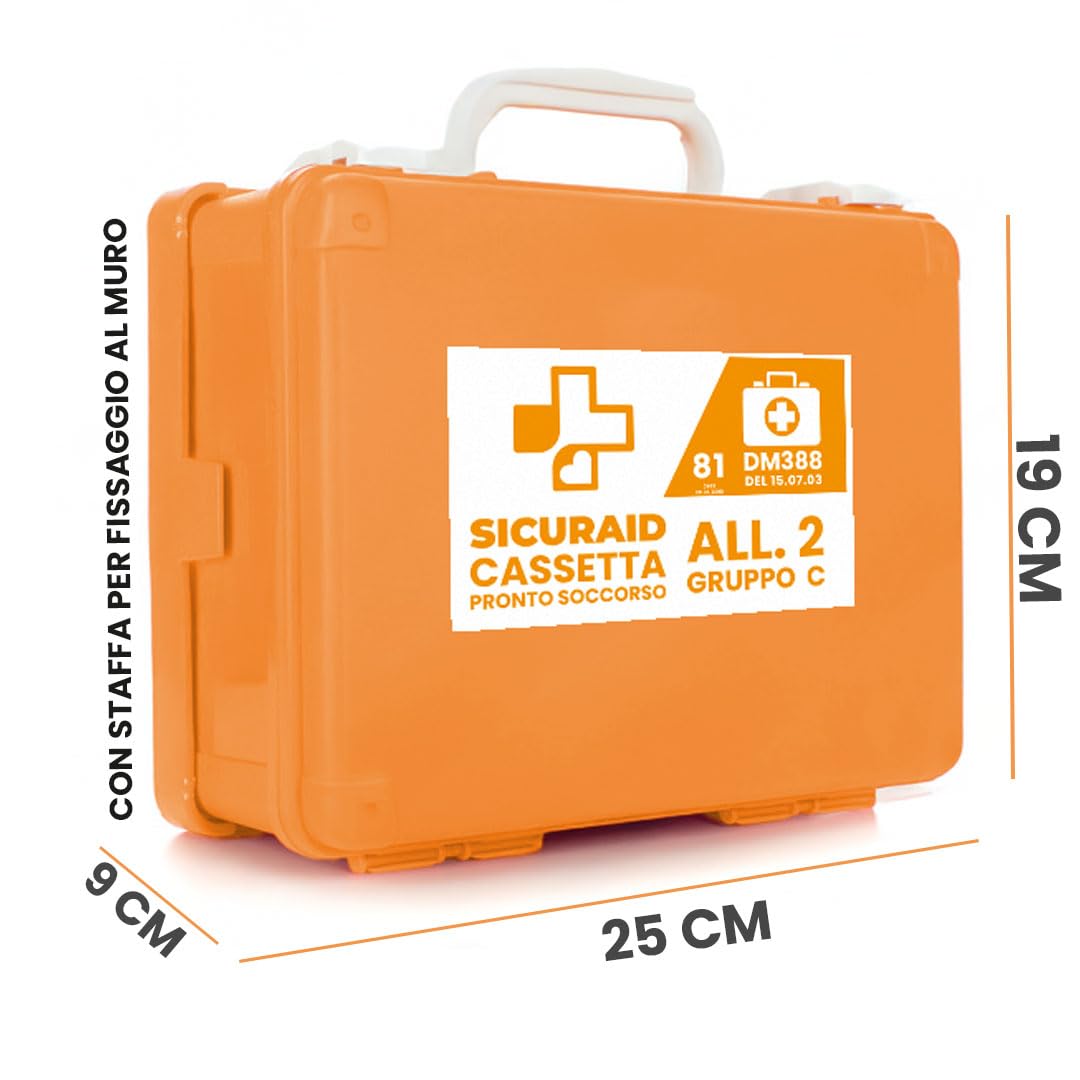 SICURAID Cassetta Pronto Soccorso Aziendale Allegato 2 DM 388/2003 CE MDR con Web App SicurApp | Kit Medico Certificato | Valigetta Arancio con Cartello per Aziende fino a 2 Dipendenti – Gruppo C
