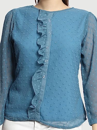 Image of PRETTIFY Women's Regular Fit Solid Embroidery Georgette Waist Length, 3 /4 Sheer Sleeve, Round Neck Casual Wear Western Shirt Top for College /Office Girls