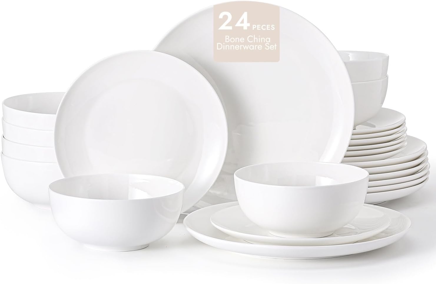 KINGSTONE Bone China Dinnerware Sets, 24-Piece Dinnerware Set for 8, Lightweight Durable, Dishwasher Safe, Tableware for Daily Use with Elegant Design, White White 24 Piece (Service for 8)