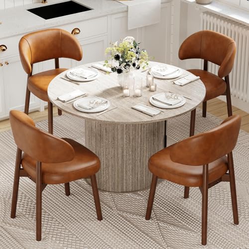 Image of MALOL 47 inch-63 inch Extendable Round to Oval Dining Table Chairs Set for 4-8, Modern Wooden Kitchen Table and Chairs with Hidden Storage and Fluted Design for Dining Room /Small Space(White and Brown)