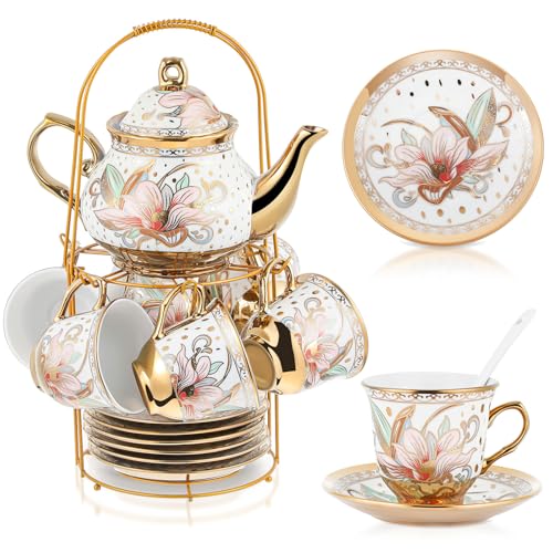 Zhehao Porcelain Tea Set with Metal Holder and Spoon Adult Ceramic Tea Set European Flower Painting Teapot Cup Saucer Spoon for Women Mom Gift, Large Version(Traditional Style,20 Pcs)