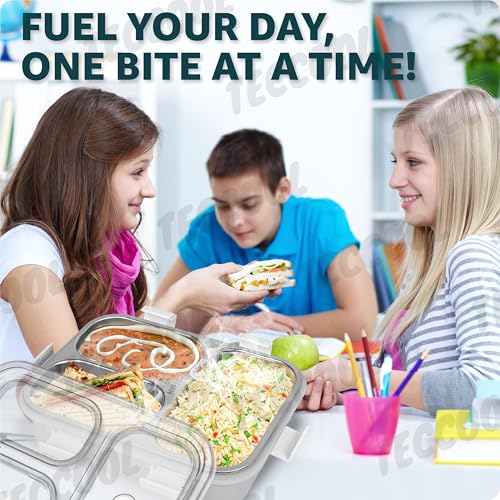 Image of TEKCOOL Lunch Box for Adults - Lunch Box for Kids - with Spoon & Fork - Stainless Steel Lunch Box with 3 Compartment - Durable Perfect Size for On-The-Go Meal, BPA-Free
