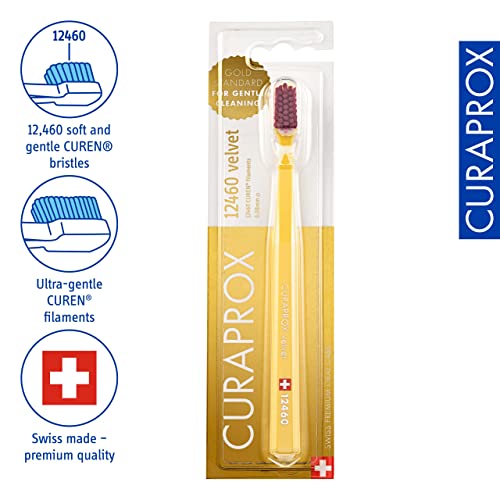 Image of Curaprox CS 12460 Velvet Soft Toothbrush - Sensitive Gum Care | Ultra-Gentle Cleaning with 12,460 Filaments | Single Pack, Yellow-Burgundy