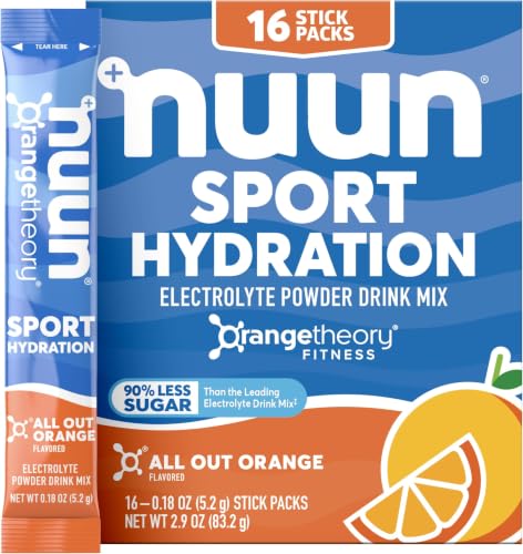 Image of Nuun Sport Electrolyte Powder Packets with Magnesium, Calcium, Potassium, Chloride, & Sodium, Hydration Packets for On-the-Go, All Out Orange Flavor,Gluten Free & Vegan,16 Single Servings (Pack of 12)
