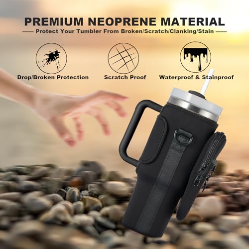 Image of Water Bottle Carrier Bag with Phone Pocket for Black Stanley 40 oz Tumbler with Handle, Black Insulated Neoprene Cup Holder Pouch Strap for Valentines Stanley Cup Accessories