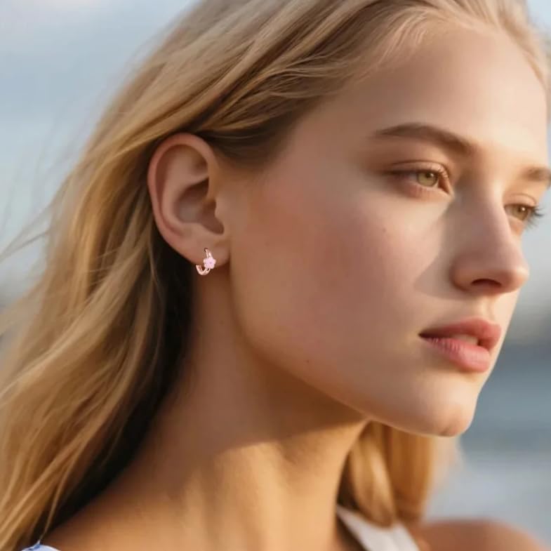 SLUYNZ Solid 925 Sterling Silver Pink Flower Earrings Hoop for Women Teens Cute Flower Hoop Earrings Huggie - Image 2