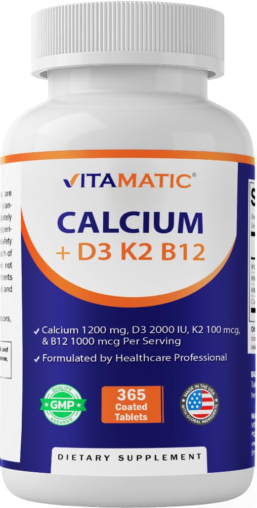 Vitamatic Calcium Supplement 1200 mg met D3, K2 & B12, Immune & Bone Health Support - 365 gecoate tabletten