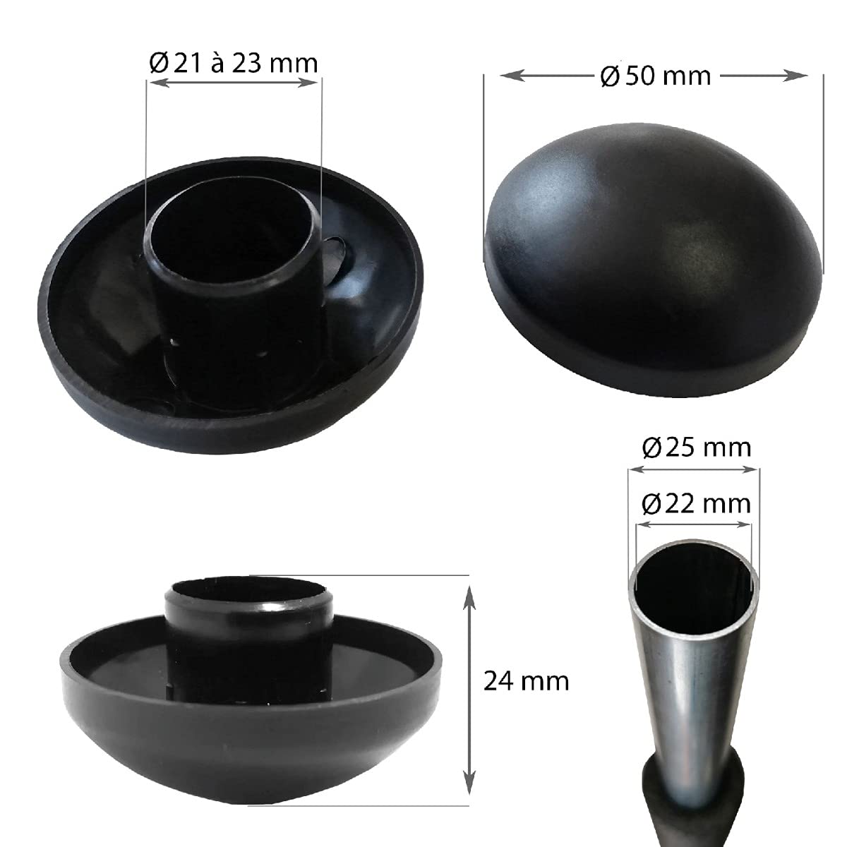 Kangui Lot De 8 Capuchons De Poteau Pour Trampoline – Diamètre 25 Mm, Noir, Plastique Dur, Compatibles Filets 250 à 430 Cm