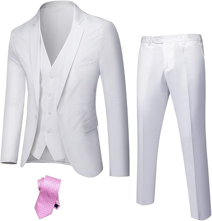 YND Men's Slim Fit 3 Piece Suit, One Button Solid Jacket Vest Pants Set with Tie