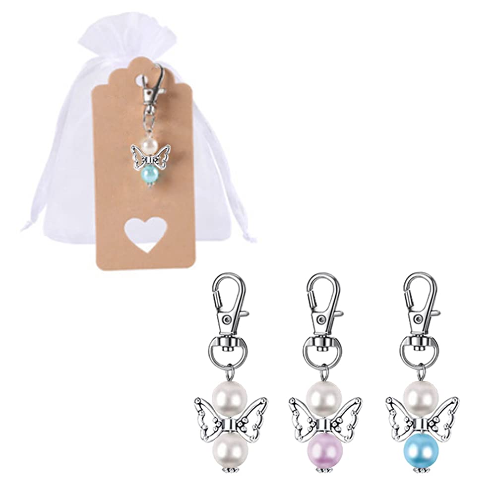30 Porte-clés Ange Gardien En Perles - Cadeaux Mariage, Baptême Avec Étiquettes Kraft Et Sachets Organza