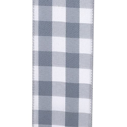 Image of Grey Buffalo Plaid Wired Ribbon - 2 1 /2 inch x 10 Yards, White, Thanksgiving, Fall, Christmas Tree Ribbon, Rustic, Farmhouse, Wreath Decor, DIY, Craft Decoration, Swag