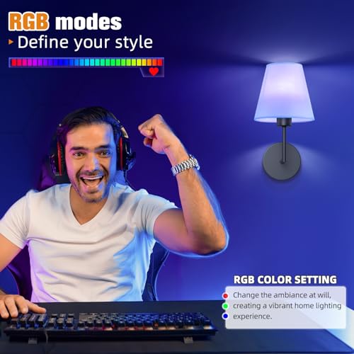 Image of NIORSUN 13.8 inch Battery Operated Wall Sconce Set of 2,Black Rechargeable Wall Lights with 10400mAh Dimmable Detachable Bulbs and Remote,9 Colors Wireless Sconces for Bedroom Living Room Hallway