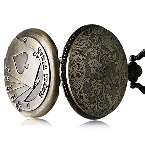 Zakhorloge Retro Brons Metalen Poker Card Patroon Quartz Zakhorloge Analoge Zakhorloges met 30 Cm Ketting Geschenken - Afbeelding 5