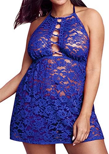 Womenโs Sexy Allover Lace Lingerie, Plus Size Plunge Crisscross High Neck Babydoll (Blue,2XL,024a)