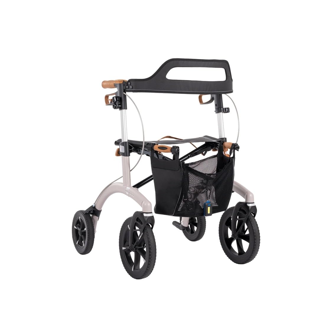 Saljol Allround Rollator in Vollausstattung, 6,4 kg Leichtgewicht mit Sitz, Rückengurt, Tasche, Stockhalter, Klingel, LED-Licht | Outdoor Gehhilfe für Stadt und Land, Sitzhöhe 54 cm, Grau