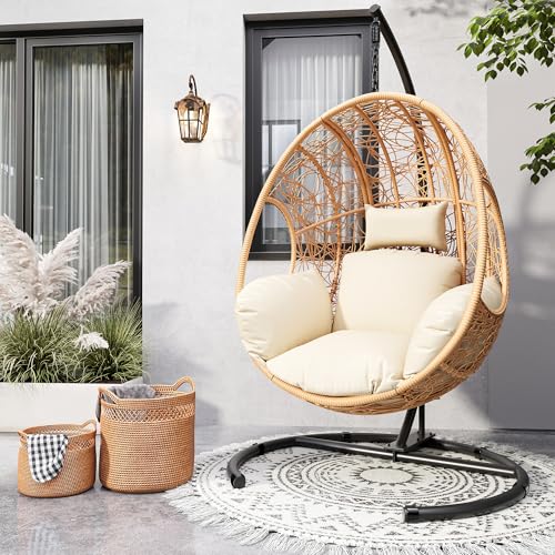 LUTINLIX Oversized Hanging Egg Chair Outdoor Indoor, Wicker Swing Egg Chair with Stand 400lbs Capacity for Bedroom, Patio, Garden and Balcony (Beige-nest, Oversize)