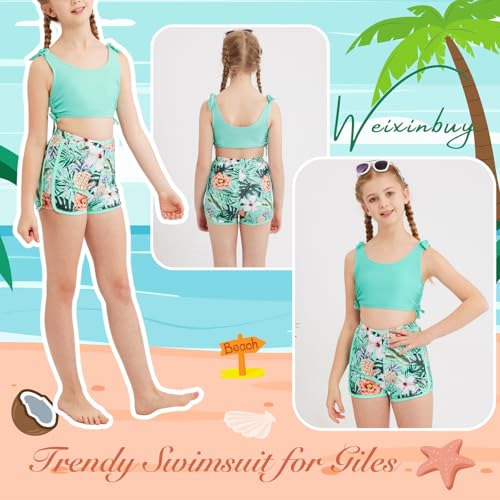 Image of Weixinbuy Girls Swimsuit Bikini Set 3 Piece Kids Tropical Print Swimwear