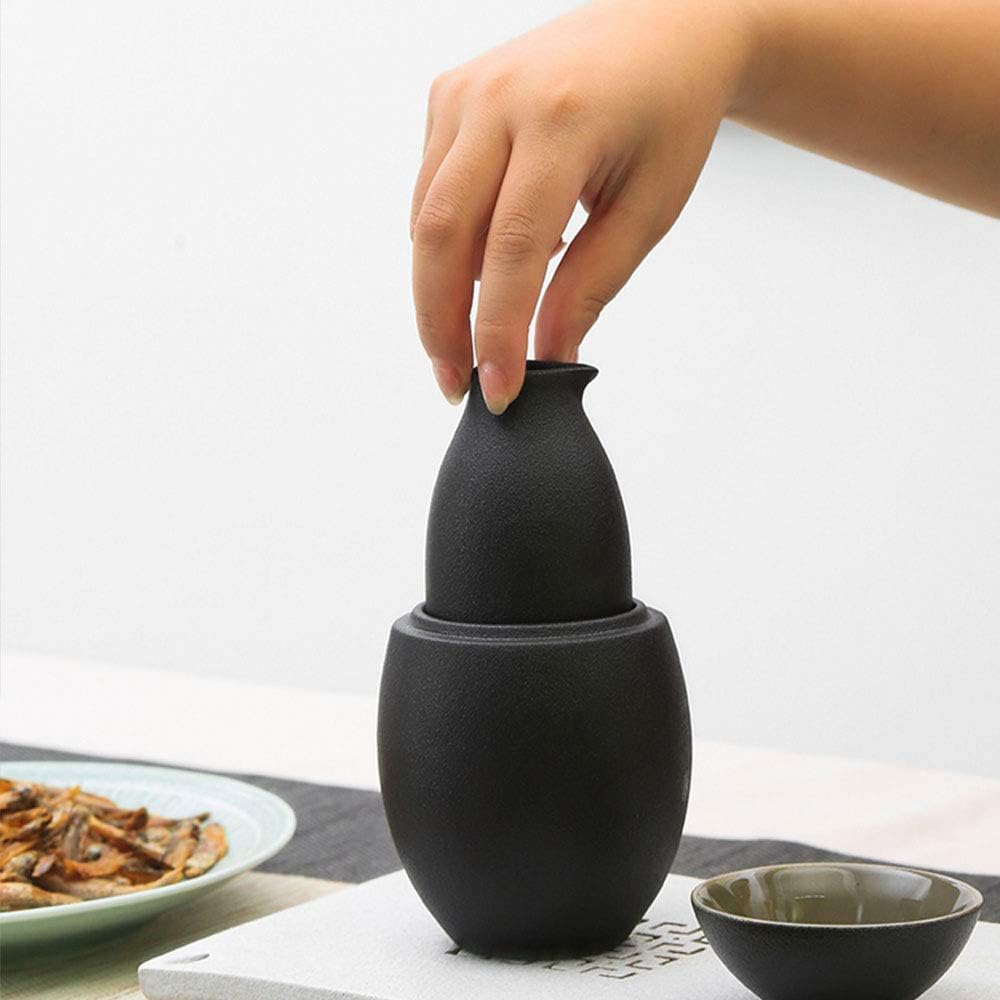 Japanese Sake Set 3-Piece Set Oval Black Glaze Texture Ceramic Cups Crafts Wine Glasses for Cold/Warm/Shochu/Tea Best Gift for Family and Friends-Tea Service